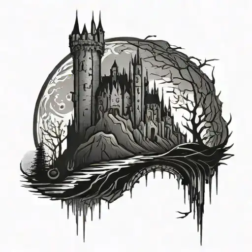 abstract, castle, moon, dark, depression, gothic tattoo design idea