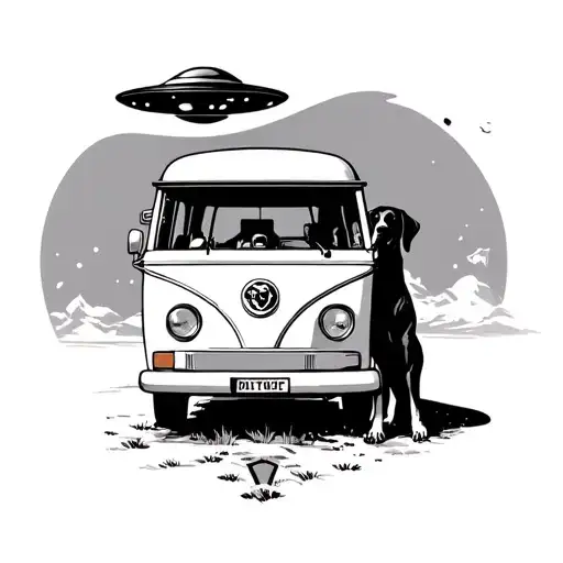 hungarian pointer watching ufo above campervan tattoo design idea
