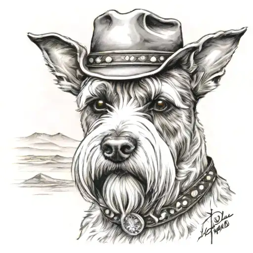 salt and pepper schnauzer with cowboy hat and brown eyes and a collar looking to the side with western background tattoo design idea