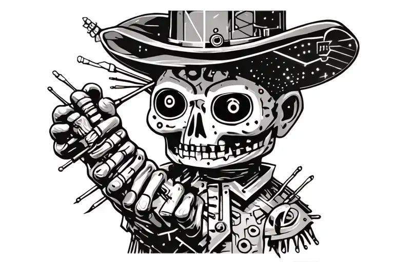 voodoo doll with cylinder hat and needles on his own hand tattoo design idea