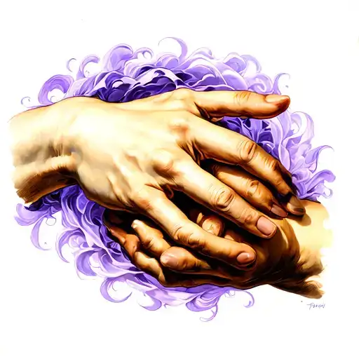 the hands of Francesca and Paolo from the painting by George Frederick Watts with purple wispy swirls around them  tattoo design idea