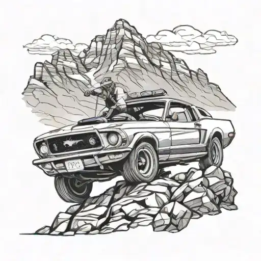 Design a tattoo of an explorer driving a Ford Mustang through a rugged mountain terrain tattoo design idea