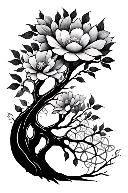 tree of life with flower of life intertwined tattoo design idea
