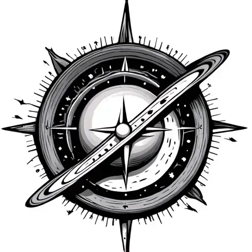Saturn with compass and cardinal direction i a hiking stock tattoo design idea