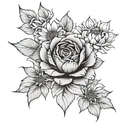 Rose, Sunflower, Daisy, Peony tattoo design idea