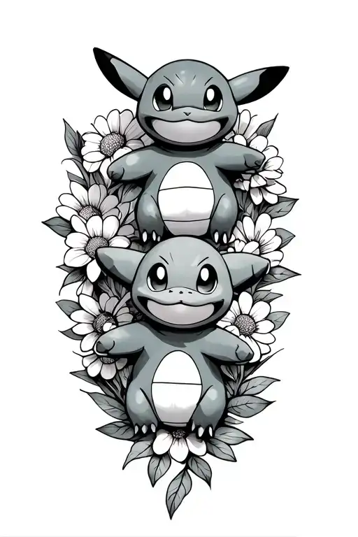 Pokemon characters- pikachu, squirtle, bulbasaur, and Charmander in a vertical stack. with flowers surrounding them  tattoo design idea