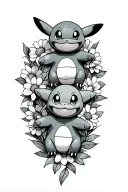 Pokemon characters- pikachu, squirtle, bulbasaur, and Charmander in a vertical stack. with flowers surrounding them  tattoo design idea