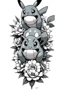 Pokemon characters- pikachu, squirtle, bulbasaur, and Charmander in a vertical stack. with flowers surrounding them  tattoo design idea