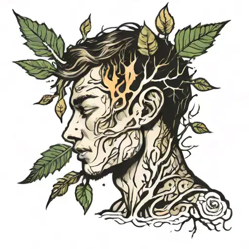 a person who has become one with the tree, a tree, a dried leaf, a lightning bolt tattoo design idea