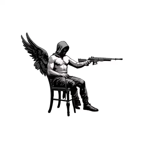 hostage man with a hood over his dace shirtless tied to a chair and a Cupid angel shooting at him with an ak47  tattoo design idea