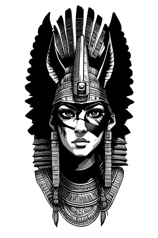 Aztec Warrior Girl With Technology With Egyptian God Anubis, Inka Symbolism, All Seing Eye tattoo design idea