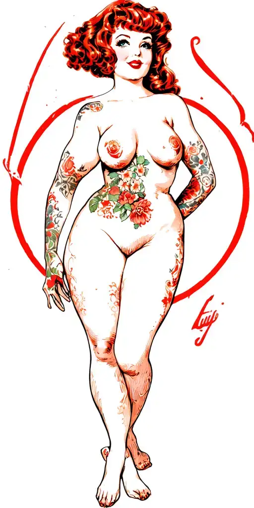 traditional-style pin-up girl with red curly hair and naked. She should have vintage features tattoo design idea