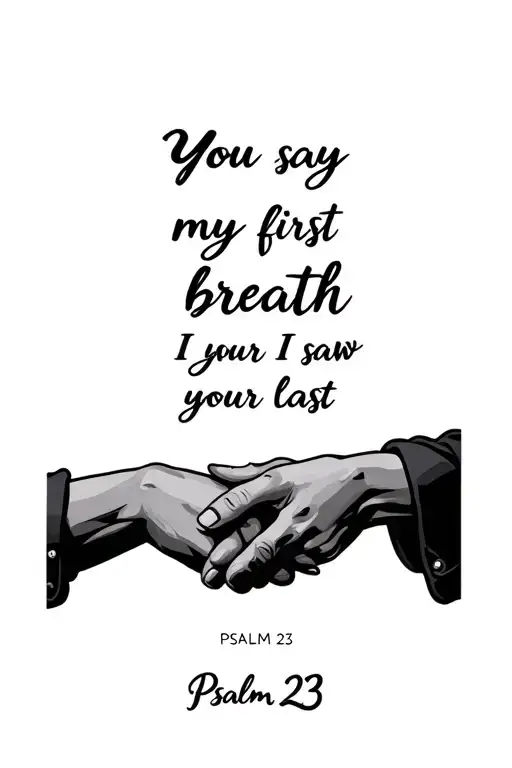 holding hands and writing underneath that says you say my first breath I saw your last. with psalm 23 scripture  tattoo design idea