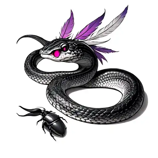  snake, with pink eyes, feathers on the head, some purple and white scales, With a scarab next to it tattoo design idea