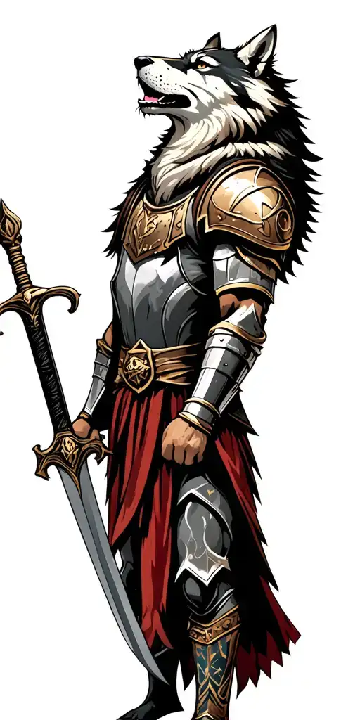 wolf howling & gladiator armor holding a sword tattoo design idea