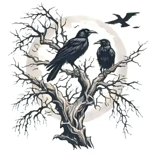dead tree with ravens and moon  tattoo design idea