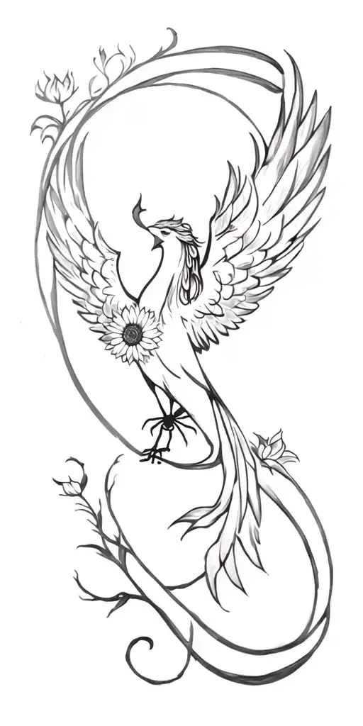 feminine phoenix rising wings spread long flowing tail feathers with sunflowers, lotus and red spider Lilly flower tattoo design idea