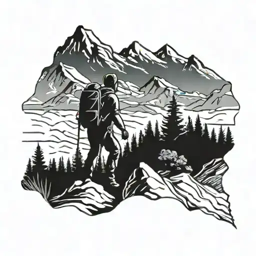 A detailed silhouette of a hiker trekking through a mountain range tattoo design idea