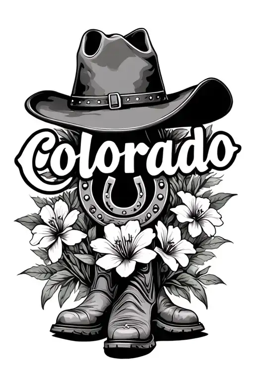 "Colorado" cowboy hat, cowgirl boots, horseshoe, columbine flower, western tattoo design idea