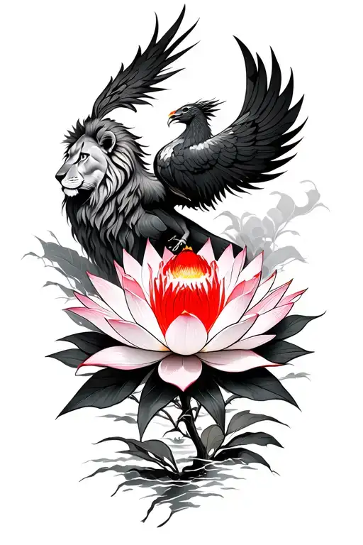Red Lotus Flower, transforming into a Phoenix / phoenix rising out of flower... with a Lion in the background tattoo design idea