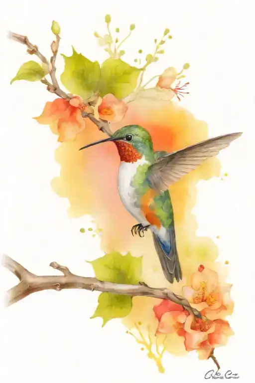 hummingbird and Bradford pear tree branch tattoo design idea