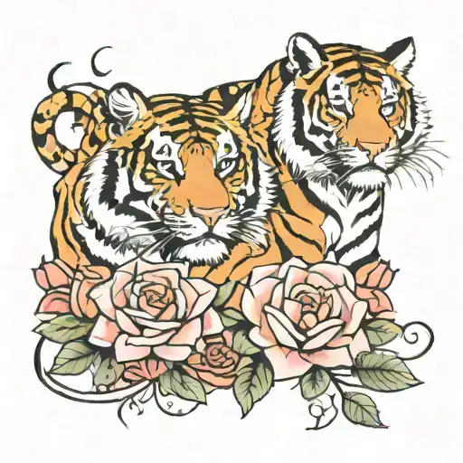 tigers body on a bed of roses tattoo design idea