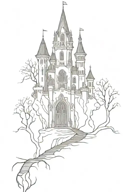 haotic gothic big castle cathedral hell curved distorted castle with blood with  roots and eoroghlips stair roots blood tattoo design idea