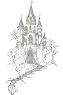 haotic gothic big castle cathedral hell curved distorted castle with blood with  roots and eoroghlips stair roots blood tattoo design idea