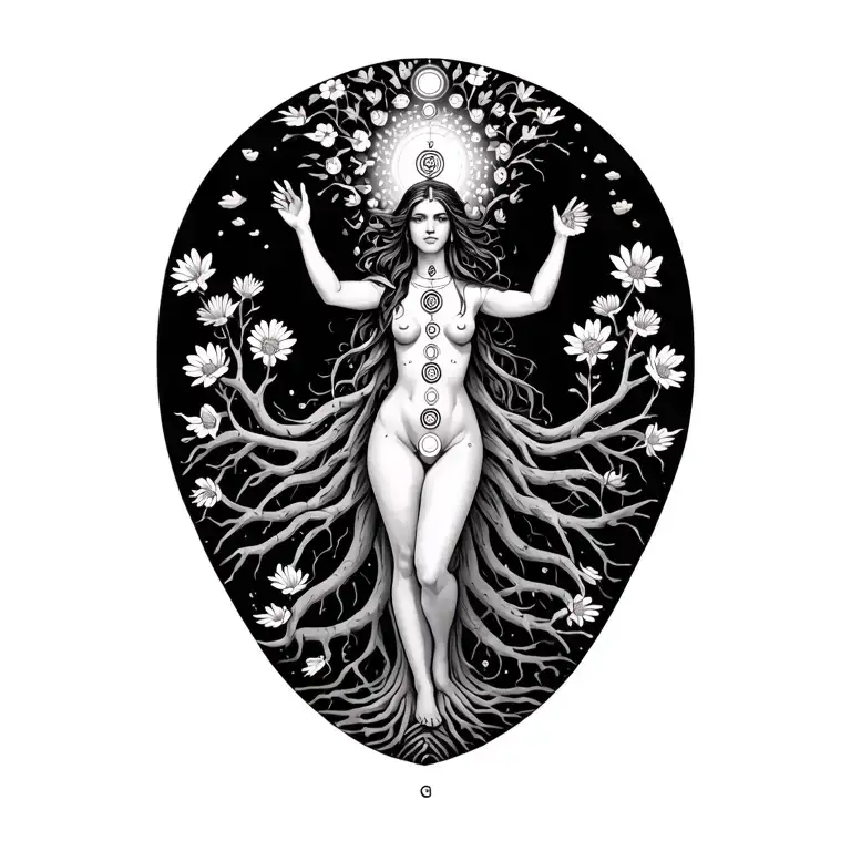 spiritual Woman standing on roots with flowers  growing out of her head .with all 7 sanskirt chakras om crown  tattoo design idea
