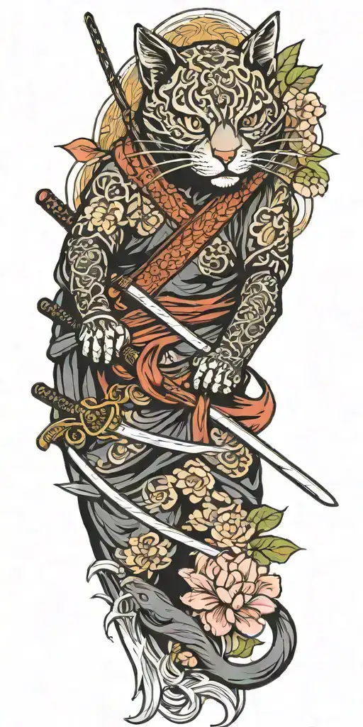 ninja cat holding katana sword, tail, water, waves, lotus, sakura, clouds, whirlpool, leaves, peony tattoo design idea