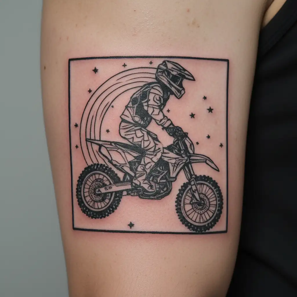 a motocross driver doing a wheelie in the stars creating a constellation tattoo design idea