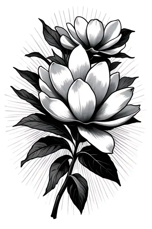 magnolia flowers with stem and light rays coming from behind tattoo design idea
