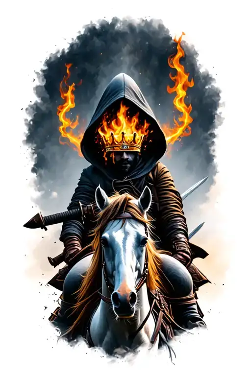 Hooded robbed man, shadow face, flames out of eyes, crown on head, holding a sword, riding a horse. tattoo design idea