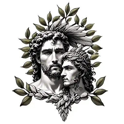 Greek god Apollo and Poseidon, A Spartan, olive branches  tattoo design idea