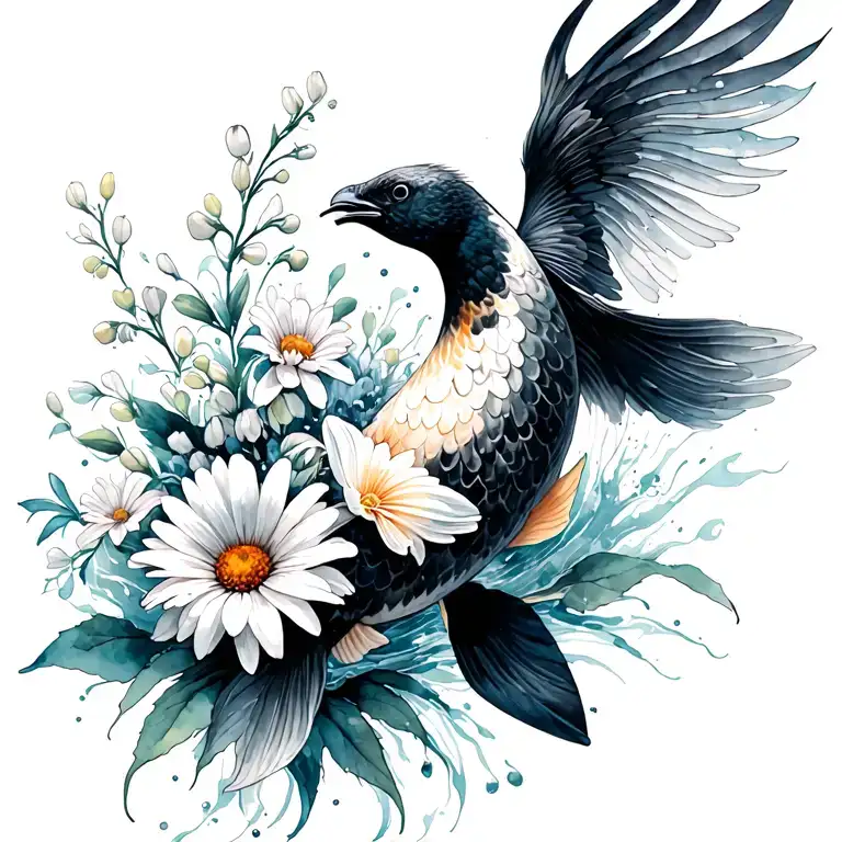  out of water black white koi Transformung into phoenix, bouquet with an aster, a daisy, a lily of the valley tattoo design idea