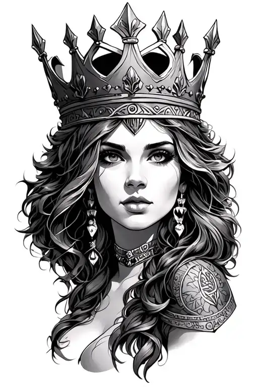 vikinig queen, big boobs, crown tattoo design idea