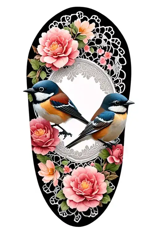 cute small birds with floral lace in background tattoo design idea