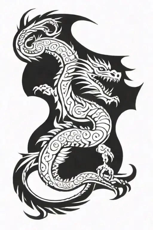 dragon with Polynesian tiki warrior riding tattoo design idea
