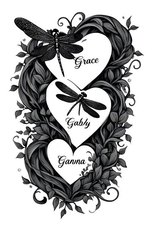 "Gracie" hearts with names Grace Gabby and Gianna with vines around and dragonfly tattoo design idea
