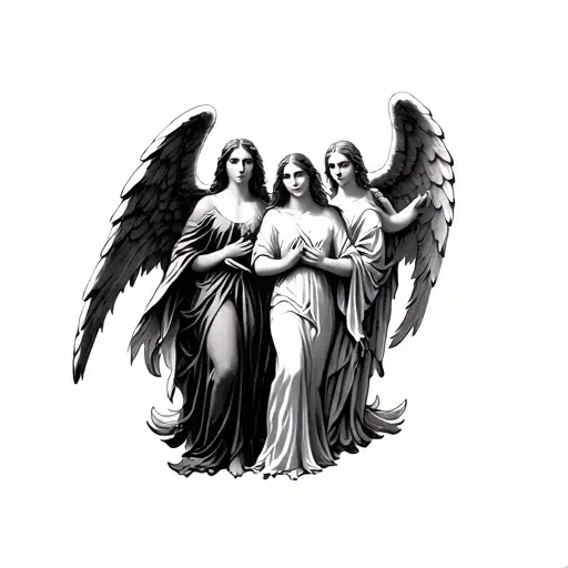 the angels gabriel, uriel, raphael, and seraphim but in a feminine design tattoo design idea