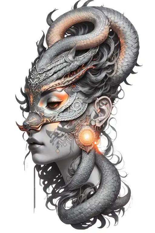 Black and Grey medusa goddess with oni mask, snakes hair tattoo design idea
