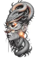 Black and Grey medusa goddess with oni mask, snakes hair tattoo design idea