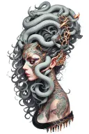 Black and Grey medusa goddess with oni mask, snakes hair tattoo design idea
