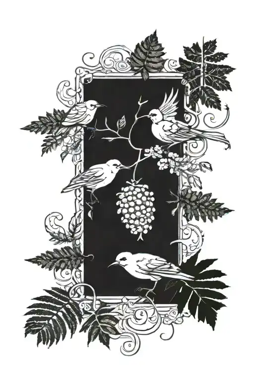 sleeve with ferns, blackberries, and birds sitting on branches tattoo design idea