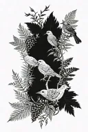sleeve with ferns, blackberries, and birds sitting on branches tattoo design idea