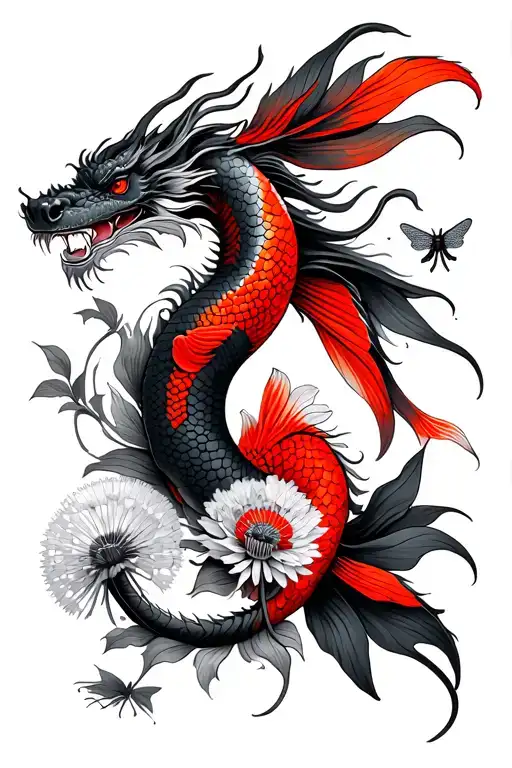 dragon, black & red koi fish ying Yang size, Buddha, dragon fly and dandelion tattoo design idea
