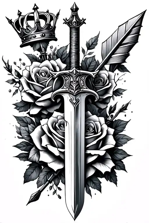 sword, crown, arrow, roses, intricate blackwork tattoo tattoo design idea