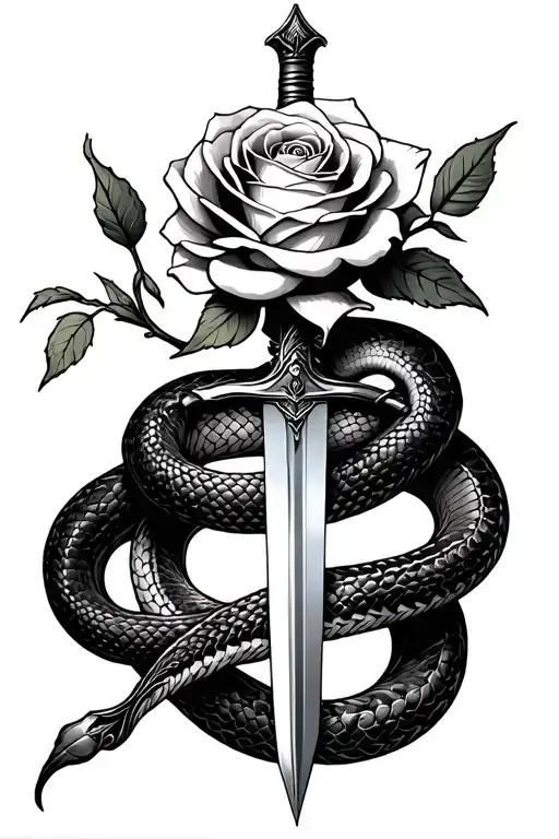 rose with stem with sword going through it with a snake wrapped around it  tattoo design idea