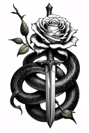 rose with stem with sword going through it with a snake wrapped around it  tattoo design idea