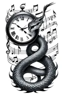 fire snake clock surrounded by music notes intertwined tattoo design idea